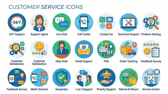 A comprehensive collection of flat design customer service icons, illustrating various support functions and client interaction concepts.