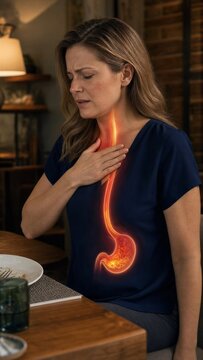 Woman suffering from heartburn and acid reflux. Concept of gastrointestinal disorder showing illuminated esophagus and stomach. Health care illustration for indigestion and medical treatment.