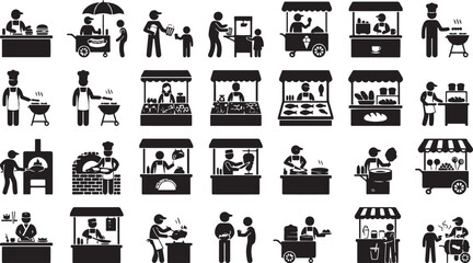 Street food stall icons set, black silhouette street vendor pictograms, outdoor market food cart vector collection for festival and fair signage © Rujina