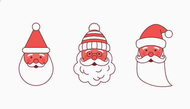 Three diverse cartoon santa claus faces in red and white tones, featuring different holiday hat styles and fluffy beards.