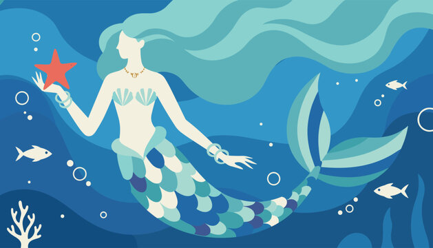Beautiful fantasy illustration of a blue-haired mermaid swimming in the deep ocean, holding a bright red starfish.