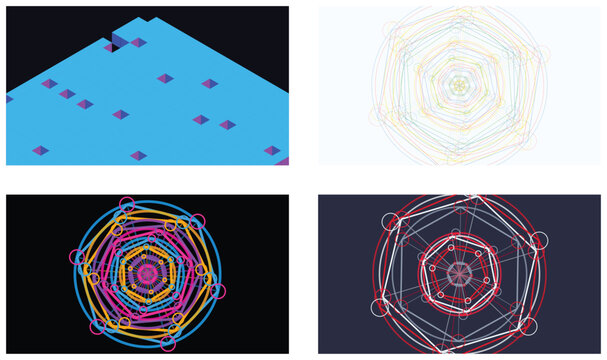 Abstract geometric isometric pattern featuring vibrant neon pyramids floating on a dark blue surface template