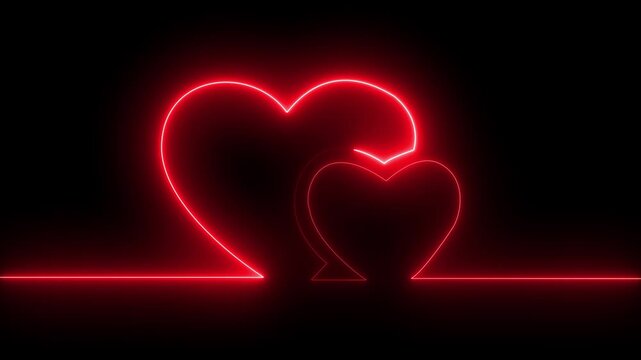 Glowing red neon double heart line animation on black background. Red glowing neon double heart concept animation for love and valentine