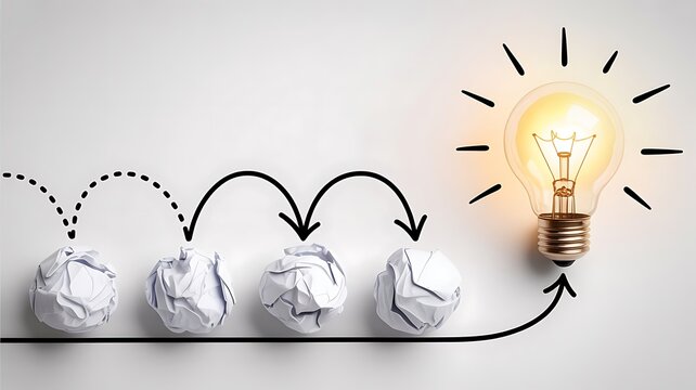 Four crumpled paper balls moving in a sequence towards a glowing light bulb representing the iterative process of brainstorming and creative thinking