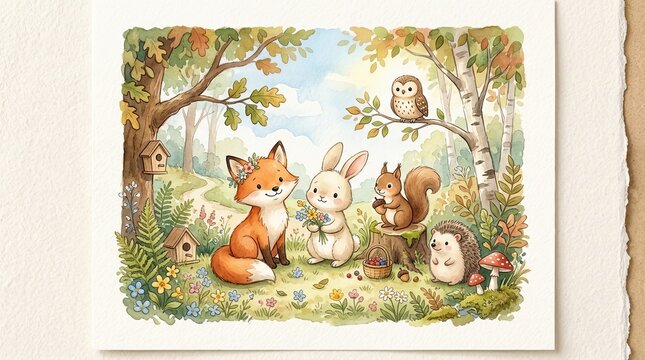 Cute forest animals enjoying nature together in a colorful woodland scene illustration