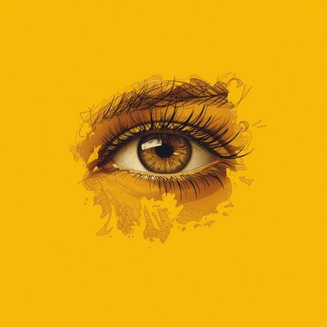 Close up of an eye with sketch style on a bright yellow background Generative AI