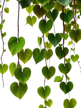 Lush heart-shaped leaves dangle from delicate vines on a white background, botany, home decor