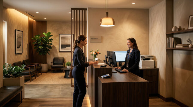Professional Receptionist Assisting Client At Modern Office Welcome Desk
