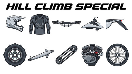 Hill climb motorcycle gear and parts collection. High-performance off-road bike equipment and protective apparel for racing. © Jesica