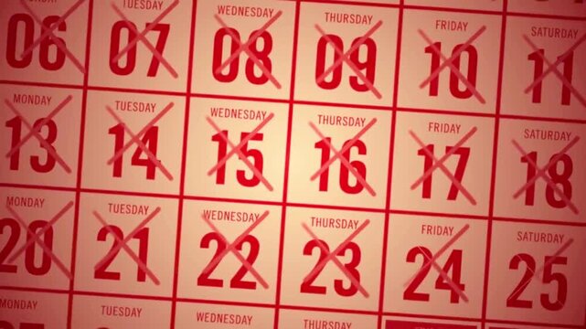 Red calendar background with animated red cross marks indicating passing days and approaching deadlines.
