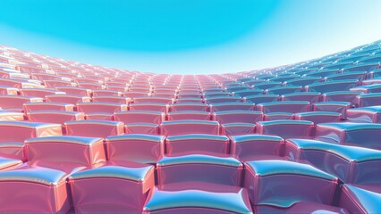 Obraz premium Pink tiles create repeating pattern. Bright cyan sky above dark background. Futuristic texture, smooth surfaces, digital rendering.