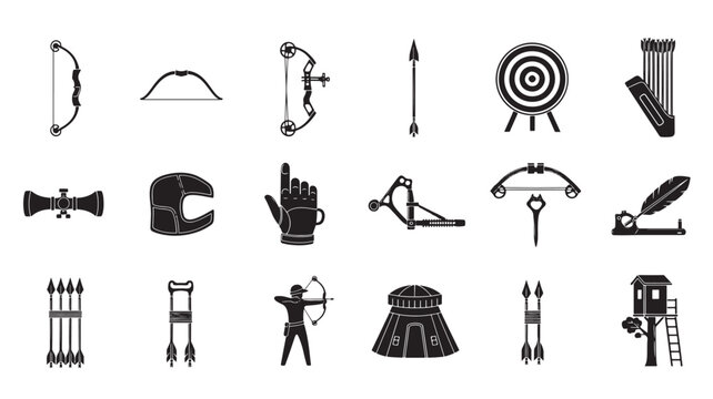 Collection of black archery and hunting icons on white background.