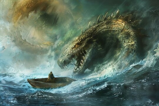 Scary sea monster in dark depths of deep blue ocean