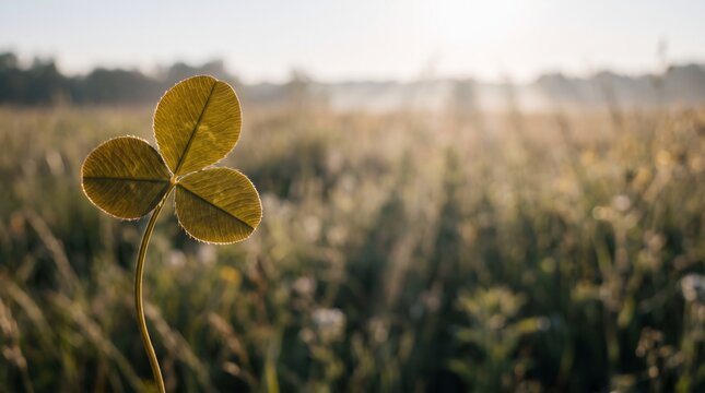 Golden morning sunlight illuminating three leaf clover in misty meadow, new beginnings and nature wellness concept