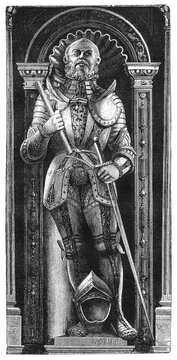 Philip I, Landgrave of Hesse, in armor with sword and archway, old vintage illustration, 1894.