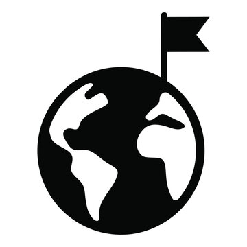 Black and white illustration of globe with flag on top  symbol of achievement icon