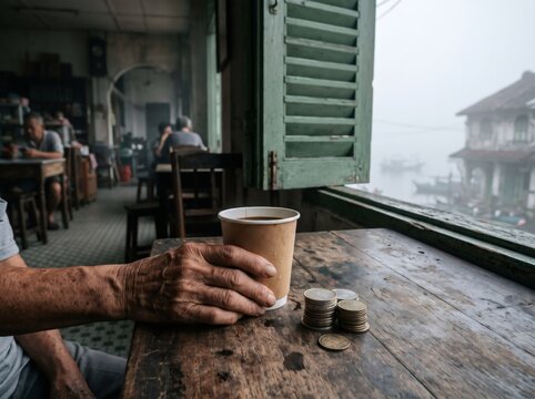 Elderly hand holding paper coffee cup beside stack of coins on wooden table at riverside kopitiam, retirement lifestyle concept