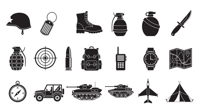 Flat black and white military icons set with equipment and vehicles.