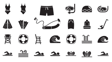 Fototapeta premium Collection of black water sports and beach activity icons.
