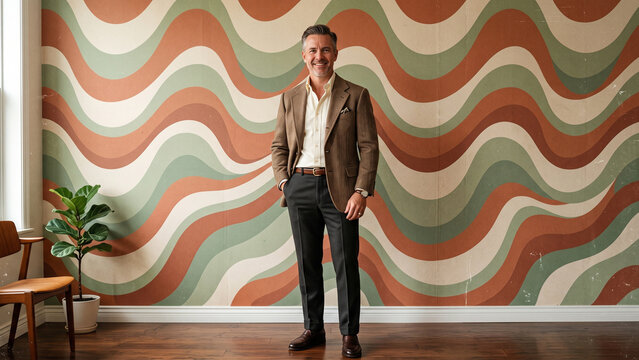 Smiling mature man in a stylish brown blazer posing in front of a retro wavy pattern wall
