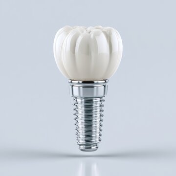 Dental implant with ceramic crown on a light blue background