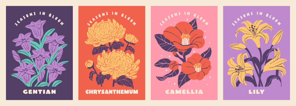 Botanical Flower Illustration Set (Gentian・Chrysanthemum・Camellia・Lily)