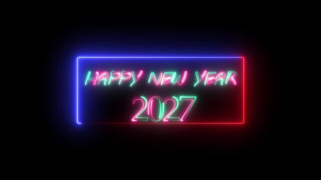 New year 2027 text icon animation glowing neon purple color number anniversary template banner sign signboard holiday code digit rectangle box font letter word on black background 4K video.