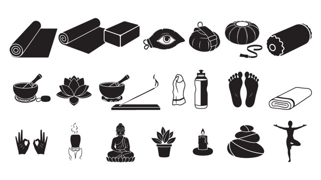 Black and white icons of wellness and lifestyle items.