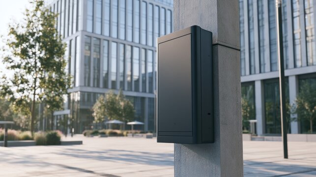 Black electrical box mounted on a concrete pillar in front of a modern building