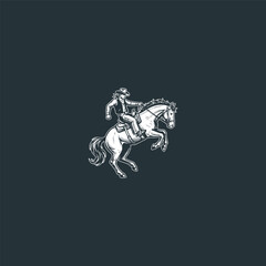 Fototapeta premium Vintage Cowboy Rearing Horse Woodcut Vector Art