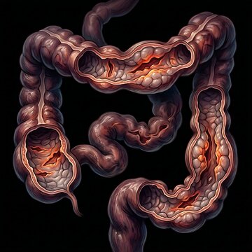 colon with a Crohn's disease inflammation pattern, showing thickened walls and deep ulcers.	
