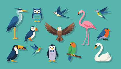 Fototapeta premium Flat vector birds collection containing owl toucan flamingo penguin swan hummingbird and eagle on a teal background.