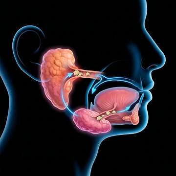 human salivary glands (parotid/submandibular) that are visibly swollen and partially obstructed by small crystal-like stones, symbolizing Sialolithiasis, in a technical cross-section schemati