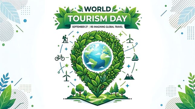 world tourism day graphic with a green map pin globe and travel icons on white