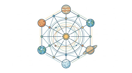 Geometric Solar System Diagram with Planets and Connections. © Riki