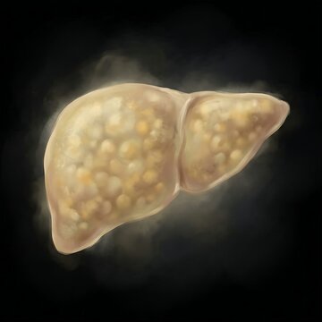  liver organ showing uniform enlargement, pale color, and signs of fatty infiltration (steatosis), symbolizing Non-Alcoholic Fatty Liver Disease (NAFLD), in a misty,