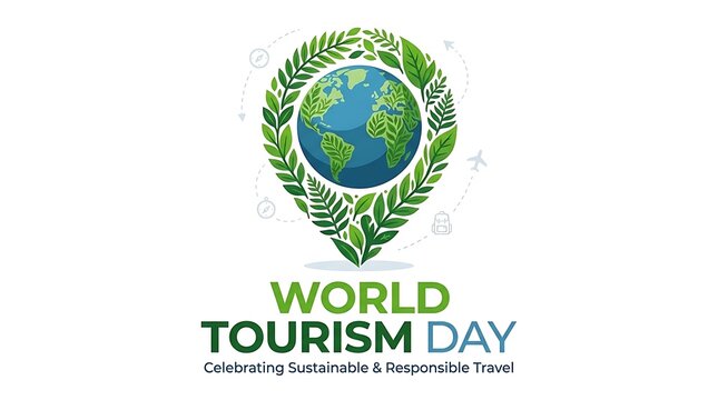 world tourism day graphic with a green map pin globe and travel icons on white