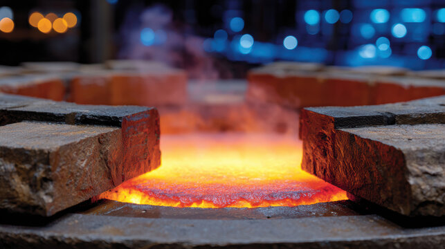 Molten aluminum casting furnace closeup with glowing metal and refractory bricks for industrial manufacturing background and engineering design use