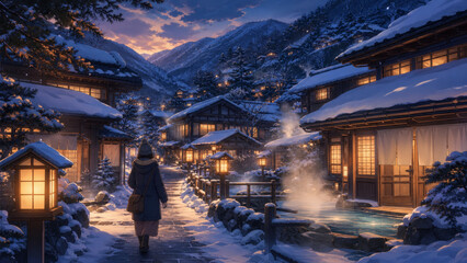 Obraz premium Snowy mountain village at dusk with warm glowing lanterns, traditional wooden houses, and person walking along stone path in winter