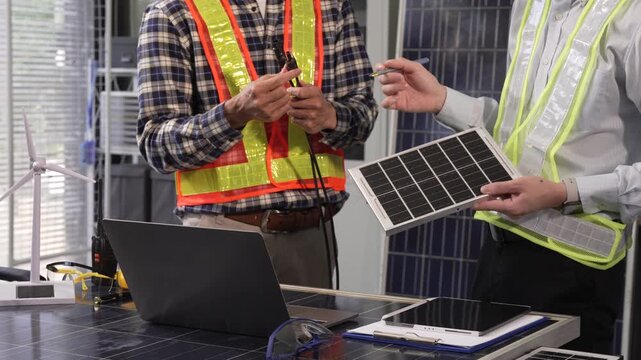 Two workers in safety vests discuss a small solar panel beside a laptop and tablet in an industrial setting, showing renewable energy inspection and teamwork.