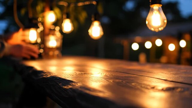 Warm string lights hanging over dark wooden surface in outdoor evening setting; focus on table texture with glowing bulbs and soft bokeh background.
