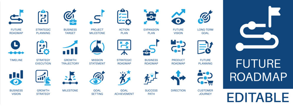 Future roadmap and strategic planning solid icon set. Featuring action plan, customer journey, growth strategy, goal setting, and timeline. Editable vector glyphs for business planning and management.