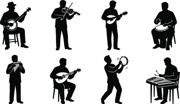 Musicians playing folk and acoustic instruments black silhouette icons set isolated on white