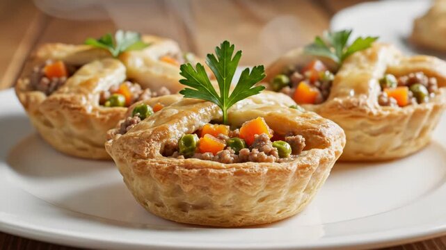 Three steaming savory tarts on a white plate with puff pastry crust filled with ground meat, carrots, and peas, garnished with fresh parsley on a rustic wooden table background.
