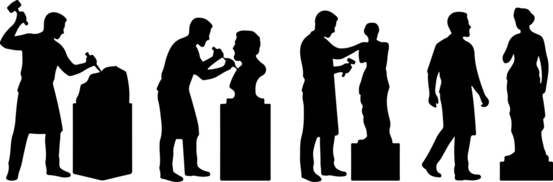 Silhouettes of a sculptor working on various stone statues vector illustration