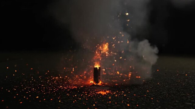 Bright firework fountain erupting on dark asphalt at night