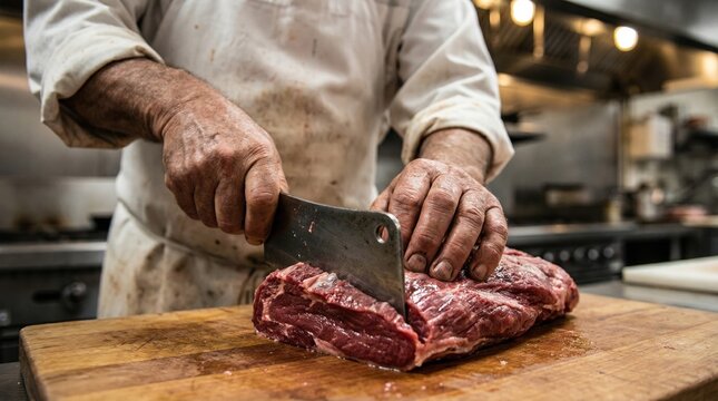 A chef uses a large knife to slice raw meat on a wooden cutting board in a restaurant kitchen. Cooking equipment is visible in the background