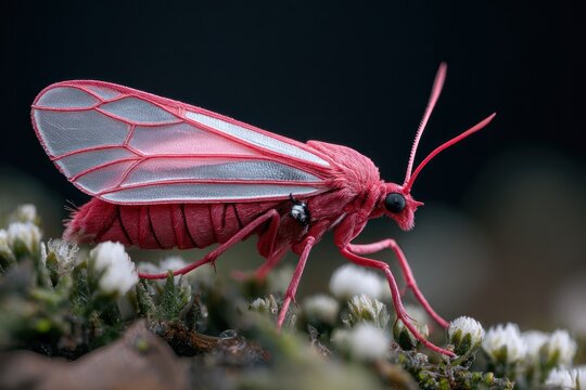 A bright insect with large wings moves across tiny white flowers in a garden. It is sunny and the scene is lively