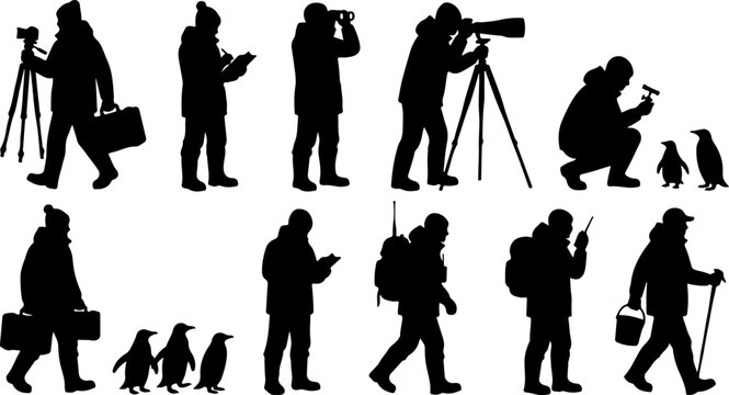 Silhouettes of researchers and scientists observing penguins in antarctica vector illustration