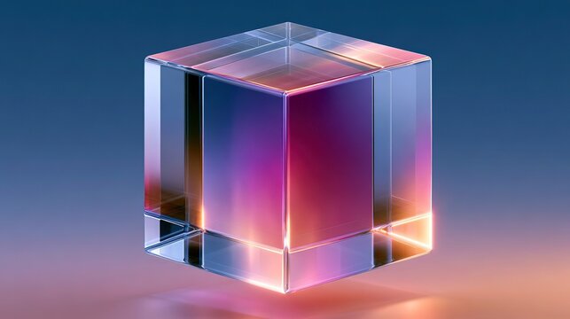 3D render of transparent geometric glass cube floating against smooth gradient background, isometric view showing top left and right faces, thick polished refracting glass edges, deep blue to violet p